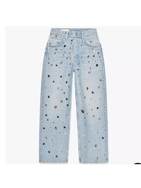 NWT Zara Relaxed Oversized High Waist Light Wash Denim Party Jeans Jewels Sz 10